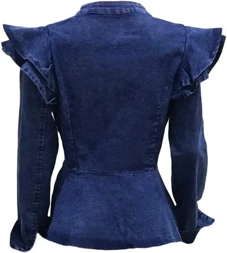 Vista 6 de ECHOINE Chaqueta vaquera casual para mujer, manga larga, con cremallera, volantes, hombros descubiertos, abrigo peplum talla grande