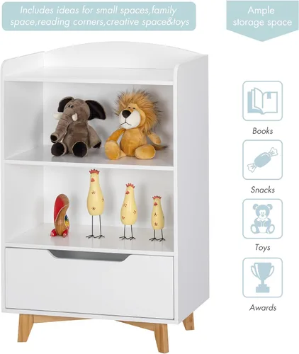 Vista 7 de UTEX Estantería para niños, libreros para niños con almacenamiento y cajón, organizador de almacenamiento de juguetes para niños de madera para sala
