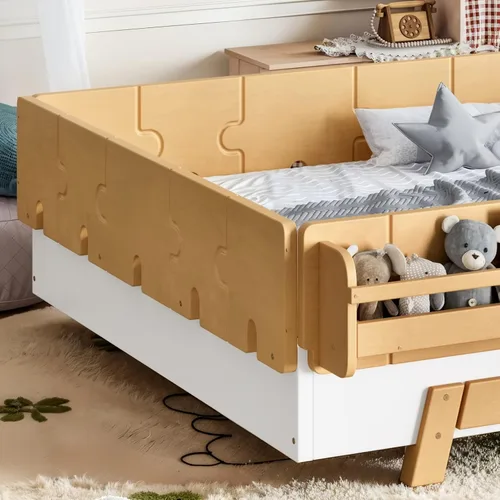 Vista 4 de Cama Montessori de tamaño matrimonial con estantería y valla, natural