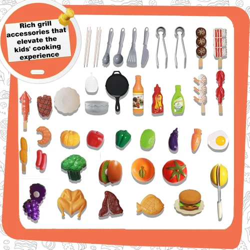Vista 6 de Juegos de Cocina de Juguete para Niños Pequeños de 3-5 Años, Juego Interactivo de Parrilla BBQ para Interiores y Exteriores con Humo, Sonido y Luz
