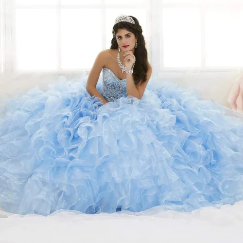 Vista 4 de Vestidos de fiesta de novia con cuentas pesadas para mujer, vestidos de organza con volantes, vestidos de quinceañera para Sweet 16