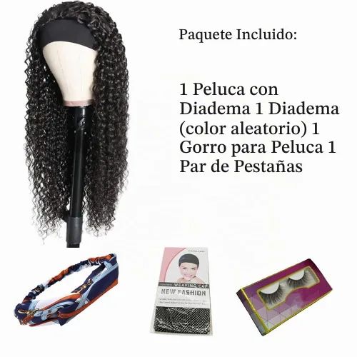 Vista 6 de WENYAN Peluca de cabello humano ondulado profundo con diadema de 20 Negro (Natural Black)