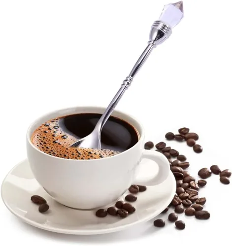 Vista 2 de Kichvoe Cuchara de café retro estilo corte europeo de 4.13 pulgadas, mini cuchara agitadora con cabeza de diamante incrustada para postre de café