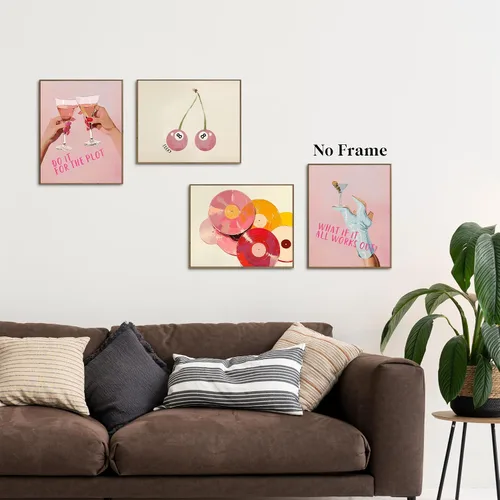 Vista 2 de JUIOEIU Juego de 4 impresiones artísticas de pared de barra rosa retro de moda, disco de vinilo vintage de la suerte de 8 bolas, pósteres artísticos