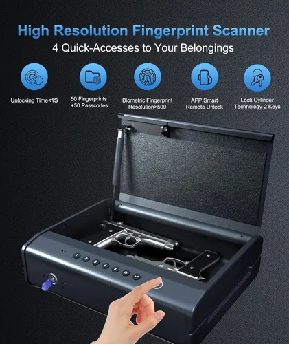 Vista 2 de PINEWORLD Caja fuerte para pistola, funda de pistola, caja de pistola biométrica segura para coche, cajas fuertes de pistola con huella dactilar
