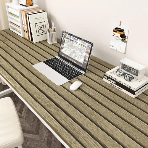 Vista 7 de Papel tapiz de listones de madera marrón claro, paneles de madera autoadhesivos, papel tapiz de rayas de grano de madera sintético, papel de 1