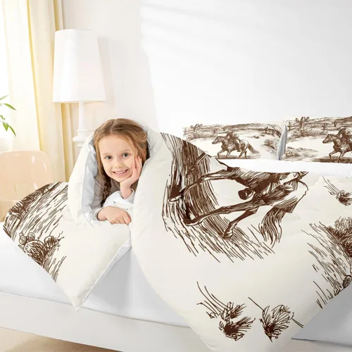 Vista 6 de Juego de edredón de vaquero individual, ropa de cama occidental para niños y hombres, ilustración dibujada a mano de caballo americano salvaje