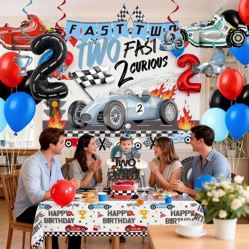 Vista 7 de Dos decoraciones de cumpleaños de 2º cumpleaños de auto de carreras rápidas, incluyen plato, taza, servilleta, telón de fondo, pancarta, mantel