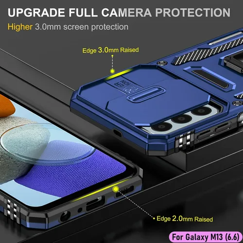 Vista 6 de Funda resistente para Samsung Galaxy M13, protección híbrida de goma de doble capa de grado militar con protector de cámara deslizante, soporte