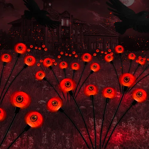 Vista 8 de BeHiller Decoraciones de Halloween para exteriores, luces solares de ojos aterradoras, 2 paquetes de 12 luces LED de globo ocular verde, luces