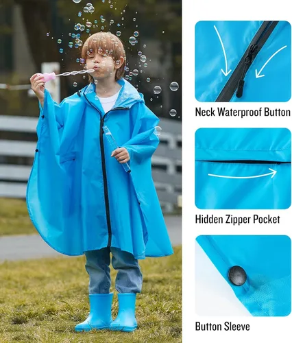 Vista 4 de SaphiRose Poncho de lluvia ligero para niños, chaqueta impermeable con cremallera