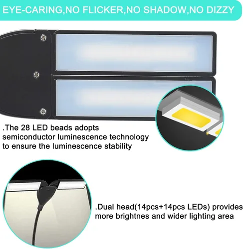 Vista 4 de Luces LED de soporte de música recargables, 28 luces LED con 3 niveles de brillo, lámpara de clip de escritorio de iones de litio de 1800 mAh Negro