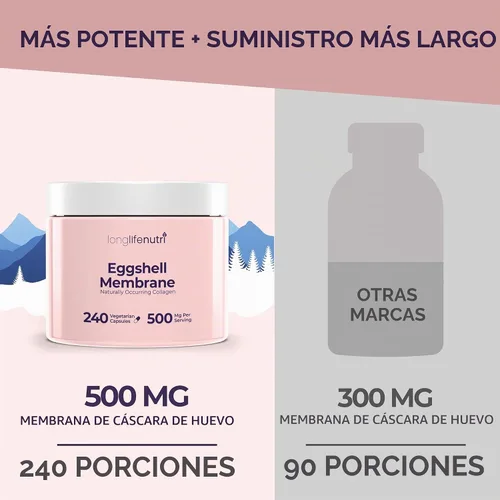 Vista 3 de LongLifeNutri Eggshell Membrane 500mg - Suplemento orgánico NEM para la función articular y comodidad, 240 cápsulas vegetarianas, suministro para 8