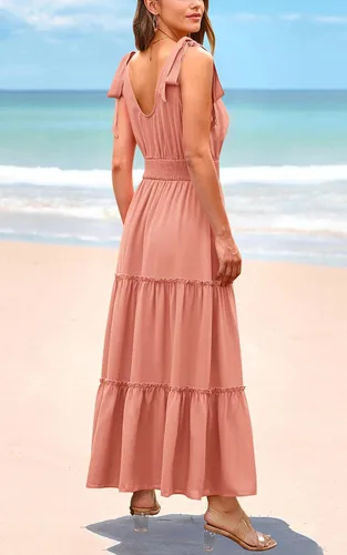Vista 4 de PRETTYGARDEN Vestido largo de verano con cuello cruzado para mujer, sin mangas, escalonado, con tirantes fruncidos, para la playa, vestido largo