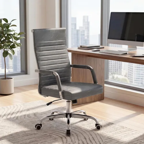 Vista 7 de Furmax Silla de escritorio de oficina acanalada con respaldo medio, silla ejecutiva de piel sintética, silla giratoria ajustable con brazos