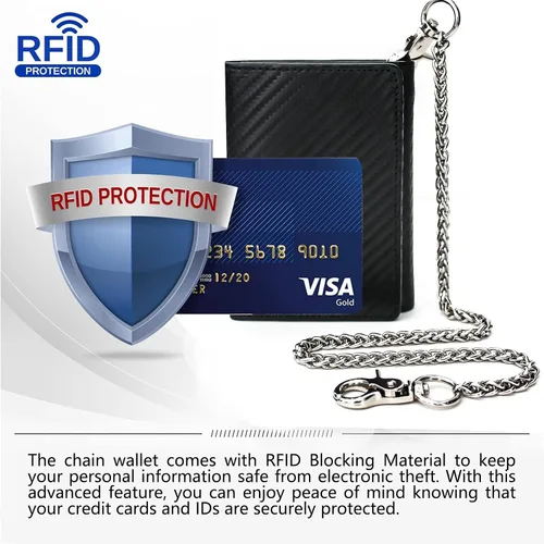 Vista 3 de boshiho Carteras de cuero auténtico con bloqueo RFID para hombre, billetera de doble pliegue con bolsillo para monedas con cremallera, con cadena
