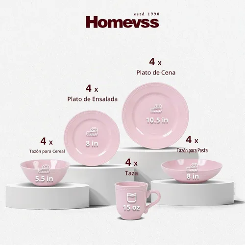 Vista 2 de HomeVSS - Juego de vajilla de cerámica de 20 piezas, color rosa, servicio para 4 personas