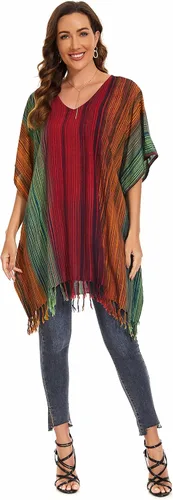 Vista 2 de Blusa tipo caftán con rayas bohemias para mujer, talla extra grande XL a 4X