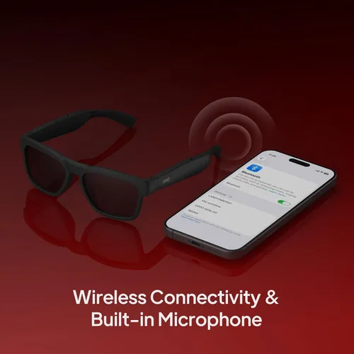 Vista 4 de OhO Smart Glasses, gafas de sol polarizadas con altavoz Bluetooth, protección UV atlética/al aire libre y control de voz, unisex (lente gris)