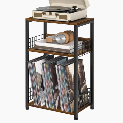 Vista 11 de Soporte para tocadiscos, mesa auxiliar de 3 niveles con almacenamiento de discos de vinilo, soporte para discos de vinilo de hasta 120 álbumes