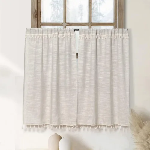 Vista 8 de Cortinas de cocina con borlas boho de 36 pulgadas de largo, modernas, de granja, de algodón y lino, cortinas cortas de cafetería para baño, ventana