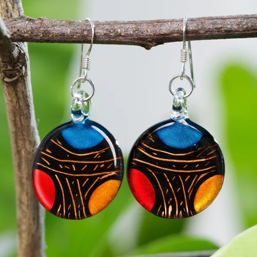 Vista 2 de Chuvora Aretes colgantes de plata de ley 925 con cristal soplado a mano, rojo, azul, amarillo, oro, Metal Vidrio, No es una piedra preciosa
