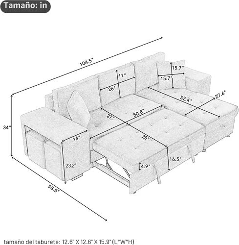 Vista 2 de Eafurn 104.5" Reversible Sleeper Sectional Sofa Bed, Tufted L Shaped Convertible Pull Out Sectional Sofa Bed with Storage Chaise Lounge and 2 Stools