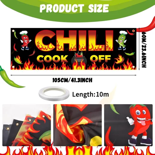 Vista 2 de Cartel de Chili Cook Off, pancarta de tela para concurso de 41 x 24 pulgadas, suministros para fiestas mexicanas (41.3 x 23.6 in)