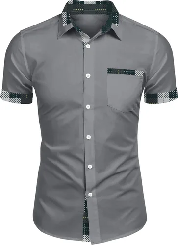 Vista 5 de RTRDE Men's Button Down Shirts Short Sleeve Plaid Print Summer Beach Wedding Vacation Dress Shirts, M-4XL