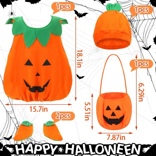 Vista 3 de Disfraz de calabaza de Halloween para niños de 0 a 24 meses, unisex, calabaza naranja, divertido traje de cosplay con 1 cesta de calabaza y 1