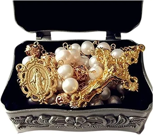 Vista 2 de Collar de cruz de rosario católico de perlas de oro rosa con perlas blancas, elegantmedical
