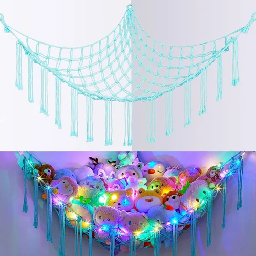 Vista 15 de Basumee Hamaca de animales de peluche con red de esquina de luz LED Crema