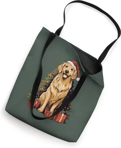 Vista 2 de Árbol de Navidad y divertido Santa Golden Retriever Christmas Tote Bag