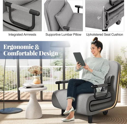Vista 14 de GIANTEX - Sofá cama convertible 3 en 1 con respaldo ajustable de 5 posiciones, ruedas, 2 patas, tumbona reclinable con almohada, sillones