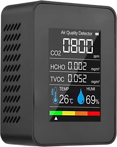 Vista 4 de LANRU Monitor portátil de calidad del aire Detector de CO2 para interiores, 5 en 1, formaldehído HCHO TVOC, probador LCD de temperatura y humedad