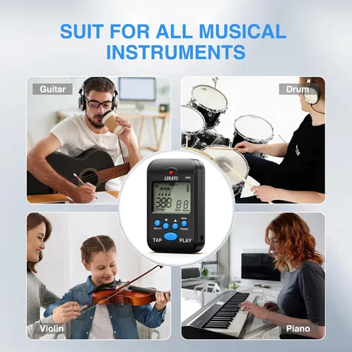 Vista 5 de LEKATO Metrónomo digital, mini metrónomo electrónico LCD recargable, voz humana, clip, 10 sonidos de ritmo, volumen ajustable, metrónomo M65