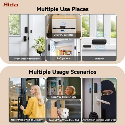 Vista 6 de AIDA Timbre de puerta, sensor de contacto abierto inalámbrico para puerta, timbre de alarma con rango de 600 pies, 58 campanillas, 5 niveles