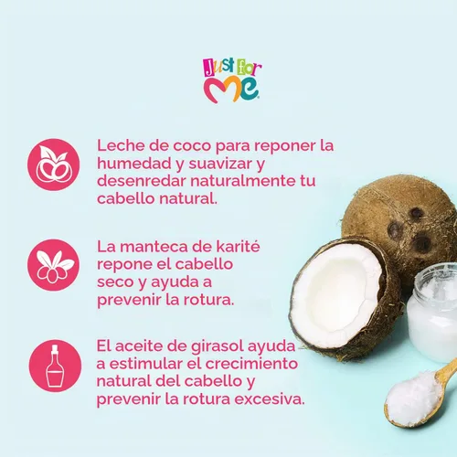Vista 3 de Just For Me Crema Suavizante de Leche de Coco Natural para el Cabello, Domar las Puntas y Añade Brillo, Con Leche de Coco, Mantequilla de Karité
