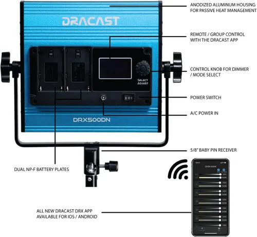 Vista 5 de Dracast Serie X LED500 - Panel de luz de video LED de 5600 K Control de aplicación Bluetooth Regulable 0-100% CRI y TLCI 96+ Placa