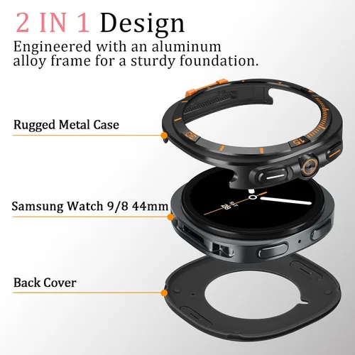 Vista 3 de Amizee Funda de metal compatible con Samsung Galaxy Watch 8 de 1.732 pulgadas con cubierta trasera, funda protectora resistente para Galaxy Watch 8