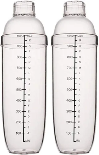 Vista 7 de Coctelera de plástico, mezclador de bebidas, agitador manual con taza y escalas, transparente (10 oz / 300cc)