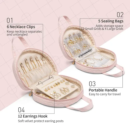 Vista 5 de Vlando Estuche organizador de viaje para joyas, carpeta de anillos con bolsas de joyería, folleto transparente con cremallera para collares, aretes