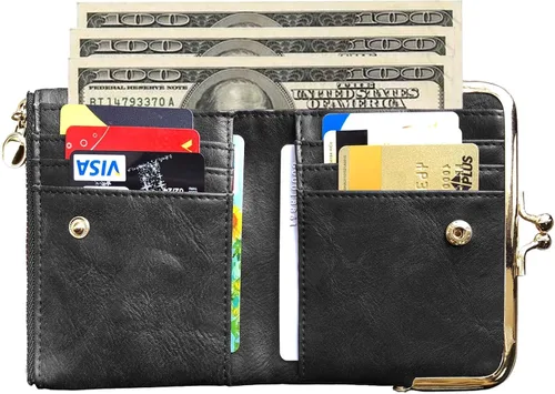 Vista 2 de Monedero para mujer pequeño con cremallera y bloqueo de beso, cartera Rfid, S, Gris