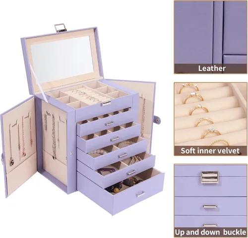 Vista 2 de BOOVO Joyero para mujer, organizador de joyas grande de 6 capas con espejo, caja de almacenamiento multifunción con cerradura, soporte