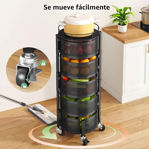 Vista 5 de SAYZH Cesta de frutas y verduras para cocina, estante de almacenamiento giratorio, carrito rodante de 5 niveles con tapa superior, ruedas de alambre