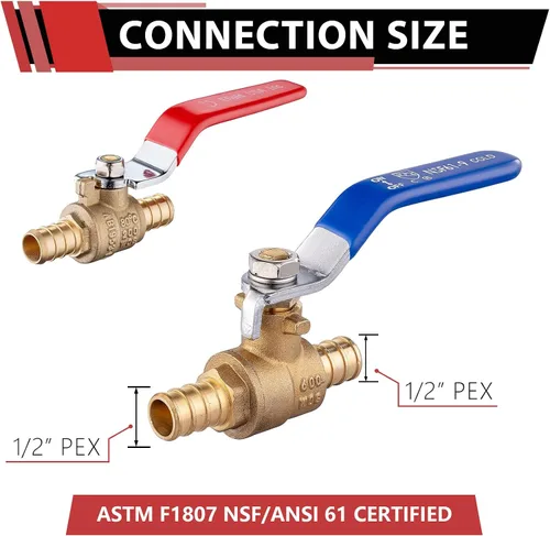 Vista 2 de Paquete de 2 válvulas de bola EFIELD Pex Brass de 1/2 pulgada con cierre de puerto completo, caliente y frío, (VALVE001) Válvula de cierre
