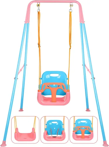 Vista 8 de Juego de columpios para niños pequeños, columpio 3 en 1 para patio trasero, juegos de columpios plegables para niños de 6 meses en adelante, fácil