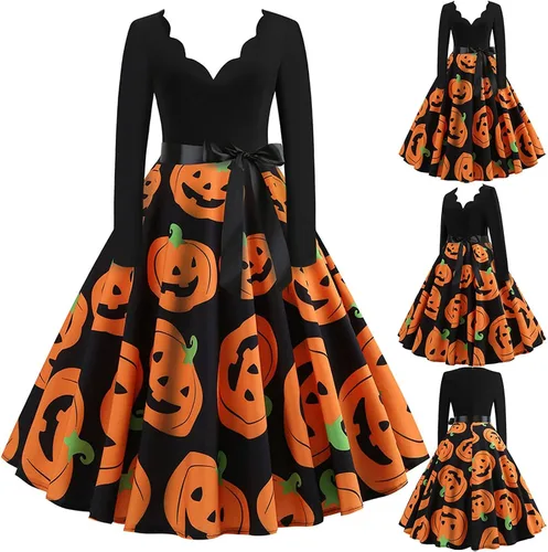 Vista 5 de Vestido de Halloween para mujer, estilo vintage de los años 50, estampado de calabaza, manga larga, cuello en V, talla grande, vestidos de noche