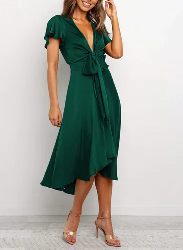 Vista 7 de miduo - Vestido largo de satén con cuello en V, volantes, manga corta, lazo frontal, cintura alta, longitud por debajo de la rodilla y acampanado