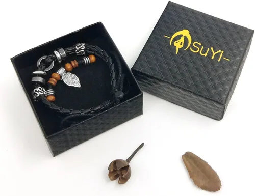 Vista 21 de Suyi brazalete ajustable con varias capas, de cuero tejido trenzado con cruz. Pulsera tipo esclava.